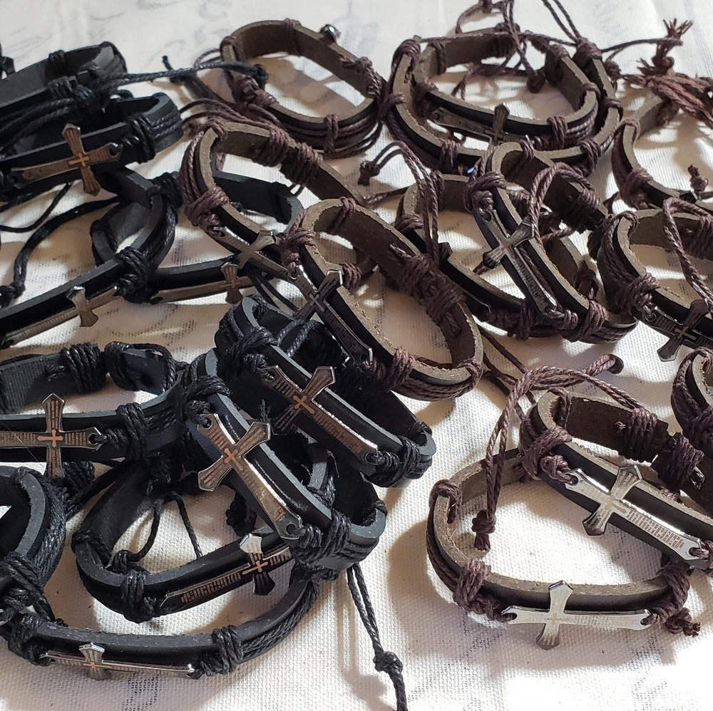 Brown & black leather Adjustable Cross braclets